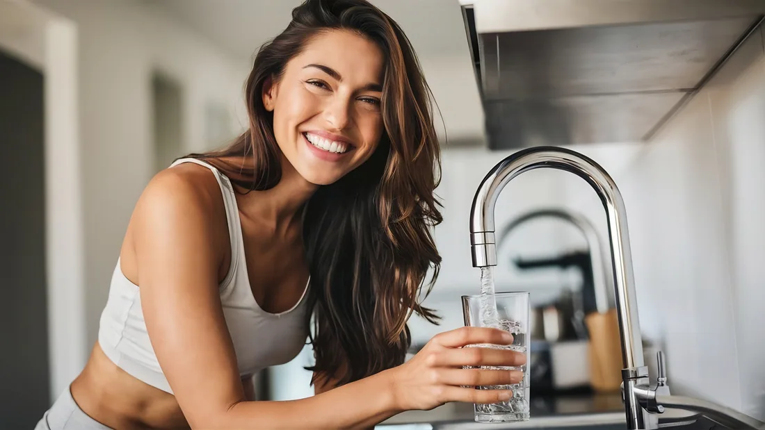 Woman filling a glass with clean water at a kitchen faucet
